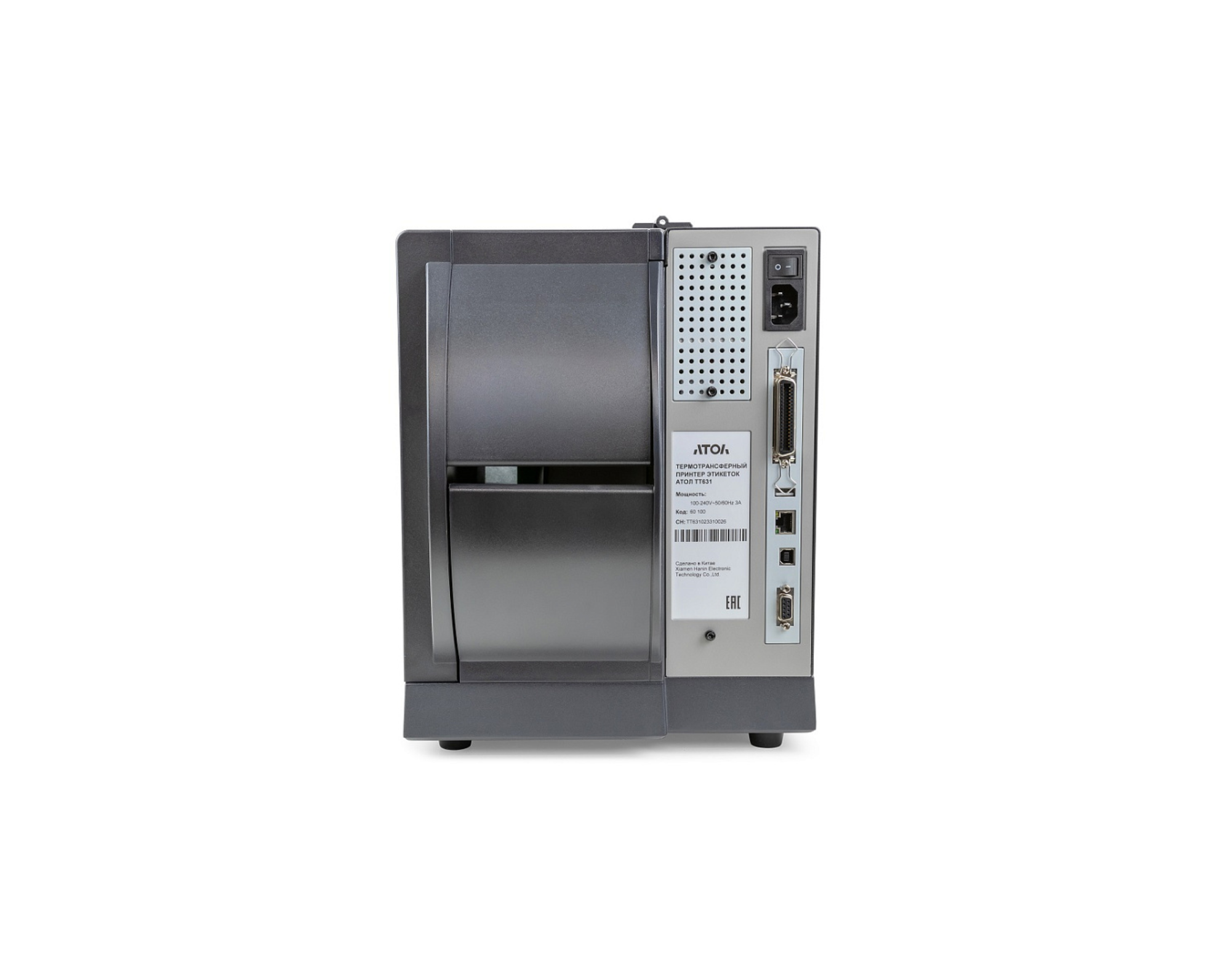 Принтер этикеток АТОЛ TT631, термотрансферная печать, 203 dpi, USB, RS-232, Ethernet, ширина печати 104 мм, скорость печати 355 мм/с.